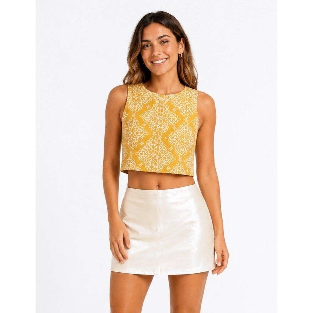 LUSH Yellow Floral Crop Top Small Sleeveless Cottagecore Boho Coquette Y2K Small